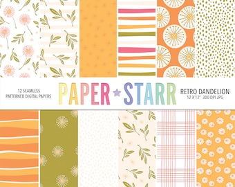 Papel digital de primavera, papel digital de diente de León, patrones florales retro, fondo de diente de León, fondo de primavera, papel digital retro