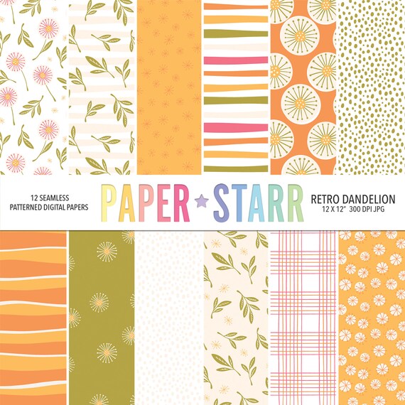 Spring Digital Paper, Dandelion Digital Paper, Retro Floral Patterns, Dandelion Background, Spring Background, Retro Digital Paper