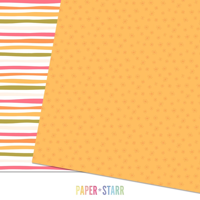 May include: Two patterned paper sheets. One sheet has a striped pattern in pink, orange, green, and white. The other sheet has a yellow background with a repeating pattern of small red stars.