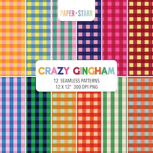 Può includere: Una collezione di 12 motivi a quadretti senza cuciture in vari colori, tra cui rosa, blu, verde, arancione e rosso. I motivi sono disposti in una griglia, con il testo "CRAZY GINGHAM" e "12 SEAMLESS PATTERNS 12 X 12" 300 DPI PNG".
