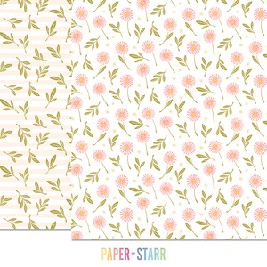 May include: A seamless pattern featuring a white background with pink and yellow flowers and green leaves. The pattern is repeated on the right side of the image. The left side of the image features a white background with thin horizontal stripes and green leaves.