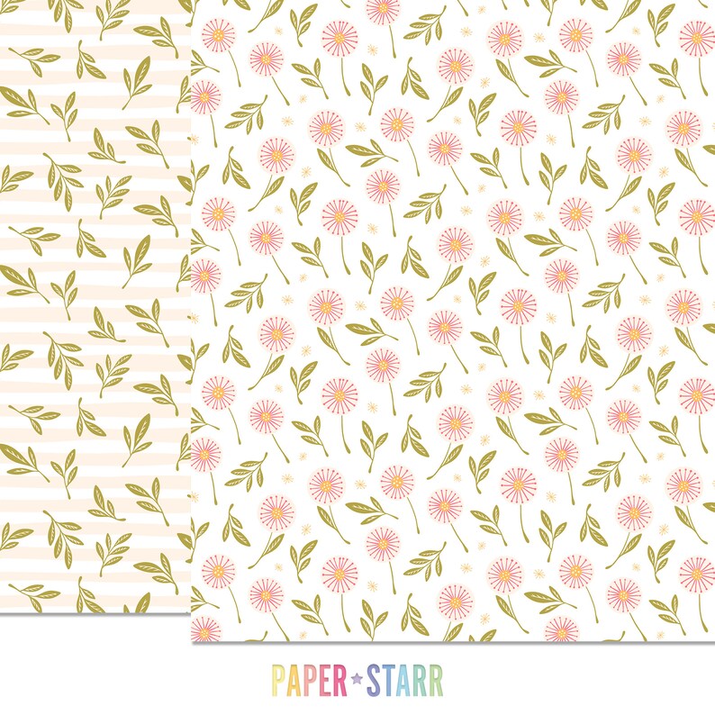 May include: A seamless pattern featuring a white background with pink and yellow flowers and green leaves. The pattern is repeated on the right side of the image. The left side of the image features a white background with thin horizontal stripes and green leaves.