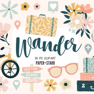 Travel Clipart Set, Floral Clipart Set, Vacation Clipart, Spring Floral graphics, Travel Illustration, Holiday Clipart, Card Making Ephemera