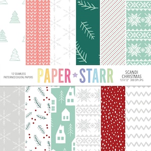 Könnte beinhalten: Zwölf nahtlose digitale Papiermuster im skandinavischen Weihnachtsthema. Die Muster umfassen Schneeflocken, Tannenzweige, Häuser und ein rot-weiß gestreiftes Muster.