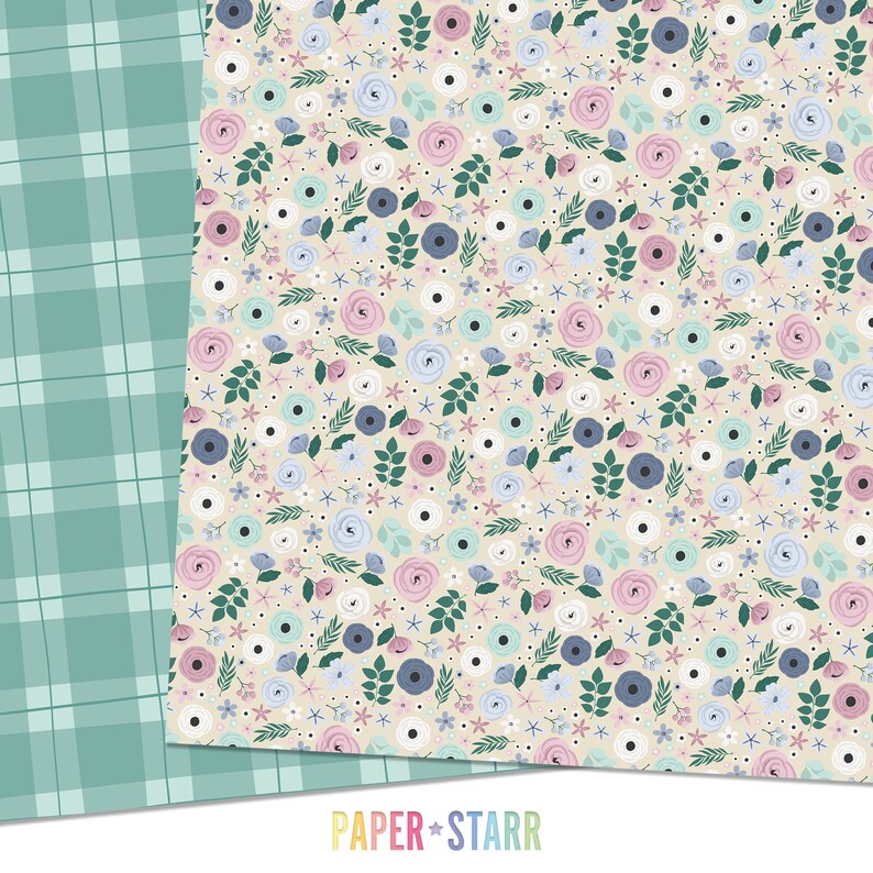 May include: A digital paper pack with two patterns. The first pattern is a light green plaid. The second pattern is a cream background with a repeating pattern of pink, blue, and white flowers.