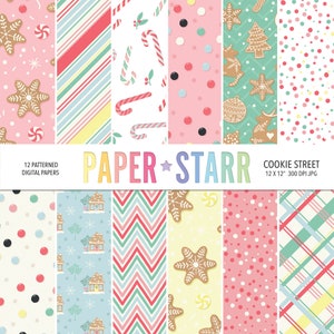 May include: Twelve digital paper designs featuring a Christmas cookie theme. The patterns include gingerbread cookies, candy canes, snowflakes, and plaid.