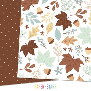May include: A digital paper pack with a seamless pattern of autumn leaves, acorns, and berries in shades of brown, beige, and blue on a white background. The paper pack also includes a brown polka dot pattern.