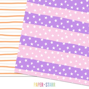 Puede incluir: Dos patrones de papel digital. El primer patr&oacute;n es un fondo blanco con rayas naranjas. El segundo patr&oacute;n es un fondo morado con rayas rosas y estrellas blancas.