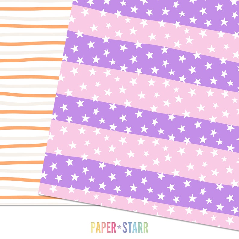 Puede incluir: Dos patrones de papel digital. El primer patr&oacute;n es un fondo blanco con rayas naranjas. El segundo patr&oacute;n es un fondo morado con rayas rosas y estrellas blancas.