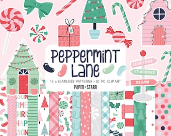 May include: A digital paper pack with 16 seamless patterns and 50 clip art images featuring a peppermint lane theme. The illustrations include candy canes, lollipops, Christmas trees, presents, and houses. The text "Peppermint Lane" is featured in the center of the image.