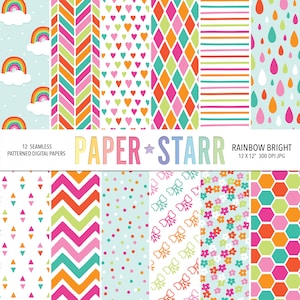 Puede incluir: Doce patrones de papel digital en un esquema de colores arcoíris. Los patrones incluyen arcoíris, corazones, chevron, lunares, lazos, flores y hexágonos. El texto "PAPER STAR" está en el centro de la imagen.