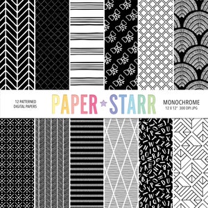 Black and White Digital Paper, Monochrome Backgrounds, Black and White Patterns, Monochrome Patterns, Chevron Pattern, Bow Pattern, Scallop