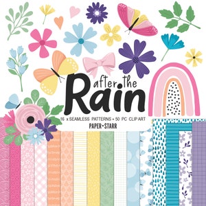 Papier numérique de printemps, clipart printemps, papier numérique floral, clipart floral, motifs sans couture, faire-part à une fête arc-en-ciel, autocollants de printemps