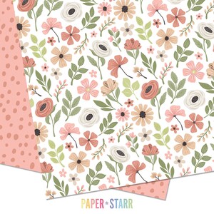 May include: A seamless pattern featuring a variety of pink, white, and peach flowers with green leaves on a white background. The pattern is perfect for crafting, scrapbooking, and other creative projects.