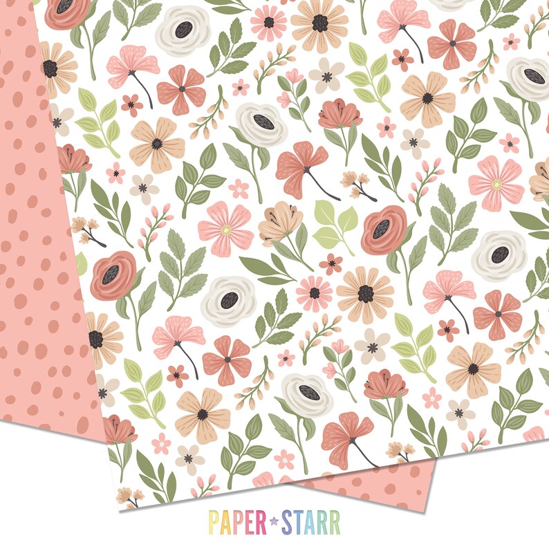 May include: A seamless pattern featuring a variety of pink, white, and peach flowers with green leaves on a white background. The pattern is perfect for crafting, scrapbooking, and other creative projects.