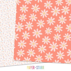 May include: Two digital paper designs. The first design is a white background with a scattered pattern of small blue, pink, yellow, and orange dots. The second design is a coral background with a repeating pattern of white daisies.