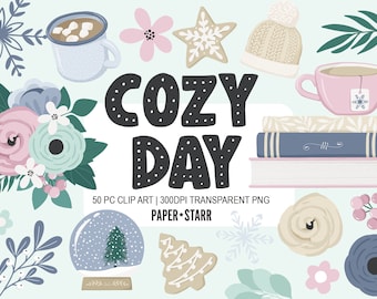 May include: A set of 50 digital clipart images featuring a cozy winter theme. The images include a snow globe, a cup of hot chocolate, a book stack, a snowflake, a winter hat, a gingerbread cookie, and a floral arrangement. The text "Cozy Day" is featured in the center of the image.