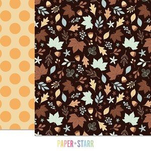 May include: A digital paper pack with two seamless patterns. The first pattern is a yellow polka dot pattern on a light orange background. The second pattern is a dark brown background with a variety of fall leaves, acorns, and berries in shades of brown, blue, and beige.