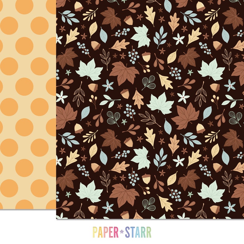 May include: A digital paper pack with two seamless patterns. The first pattern is a yellow polka dot pattern on a light orange background. The second pattern is a dark brown background with a variety of fall leaves, acorns, and berries in shades of brown, blue, and beige.