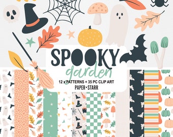 Spooky Garden Halloween Clipart and Digital Paper Bundle – Cute Pastel Ghosts, Pumpkins and Fall Icons – 47 PNG/JPG Graphics