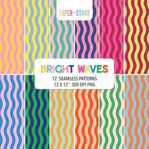 Peut inclure: Une collection numérique de 12 motifs sans couture présentant des lignes ondulées verticales dans diverses combinaisons de couleurs vives. L'image inclut le texte PAPER STARR et BRIGHT WAVES 12 SEAMLESS PATTERNS 12 X 12" 300 DPI PNG, avec des rayures.