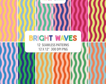 May include: A digital collection of 12 seamless patterns featuring vertical wavy lines in various bright color combinations. The image includes the text PAPER STARR and BRIGHT WAVES 12 SEAMLESS PATTERNS 12 X 12" 300 DPI PNG, showcasing vibrant stripes.
