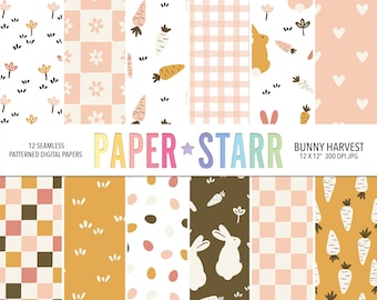 Digitaal Pasen-papier, naadloos konijnenpatroon, retro lente, wortelpatroon, afdrukbare papierset