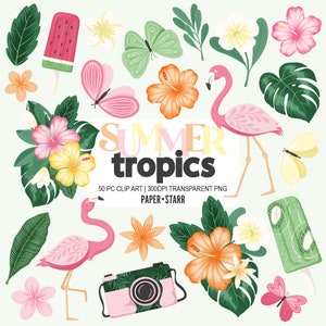 May include: A digital clip art set of 50 tropical summer illustrations. The set includes pink flamingos, hibiscus flowers, palm leaves, butterflies, ice pops, and a camera. The text "SUMMER tropics" is featured in the center of the image.