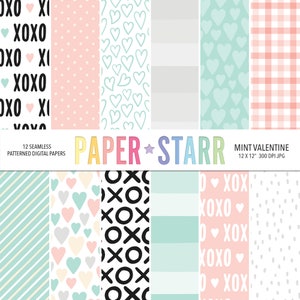 Valentines digitales Papier, Mint Valentine, Valentines Karten, Valentines Hintergründe, Valentines Handwerk, rosa Gingham, Herz Hintergrund