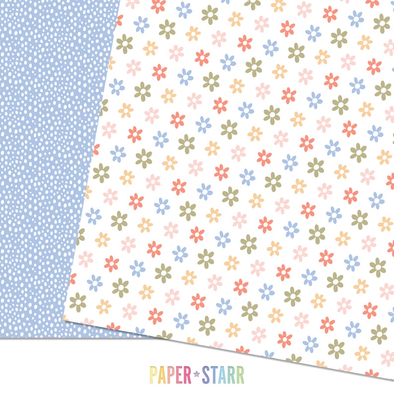 May include: Two digital paper patterns. The first pattern is a light blue background with white polka dots. The second pattern is a white background with a repeating pattern of small, colorful flowers.