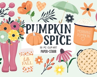 May include: A set of 50 digital clip art images featuring fall-themed illustrations. The images include a pumpkin, a mug with the text "Morning Pumpkin", a pie, a coffee cup with the text "Hello Fall", flowers, leaves, and rain boots. The text "Pumpkin Spice" is featured in a large font.