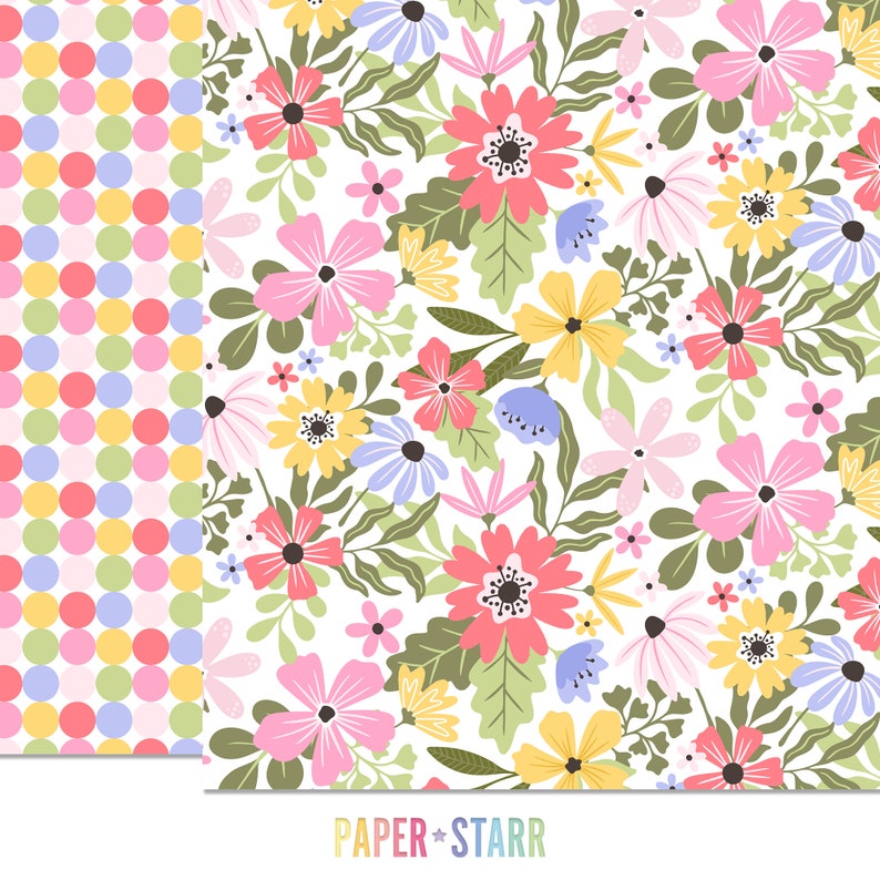 May include: A seamless pattern featuring a variety of colorful flowers and leaves on a white background. The flowers are in shades of pink, yellow, blue, and red. The leaves are green. The pattern is perfect for use in scrapbooking, card making, and other craft projects.