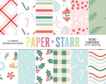May include: Twelve digital paper patterns in a retro Christmas theme. The patterns include red and white plaid, candy canes, green and white stripes, ornaments, holly, green and white gingham, and wavy lines.