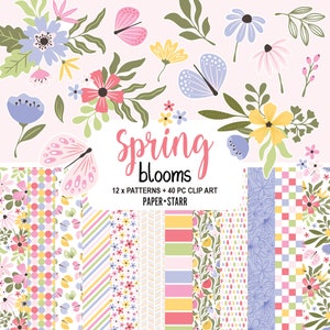 Papier numérique de printemps, clipart floral de printemps, papier numérique floral, clipart papillon, fonds de printemps, autocollants de printemps, fleur PNG