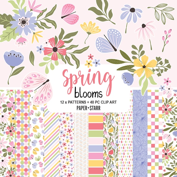 Spring Digital Paper, Spring Floral Clipart, Floral Digital Paper, Butterfly Clipart, Spring Backgrounds, Spring Stickers, Flower PNG