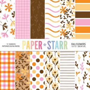 Puede incluir: Doce diseños de papel digital con motivos otoñales. Los patrones incluyen cuadros, lunares, rayas y diseños florales en naranja, marrón, rosa y blanco.