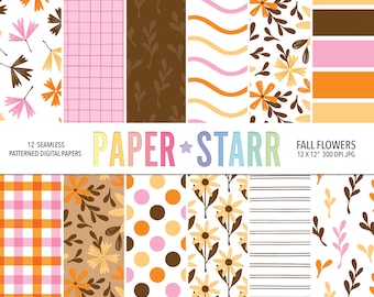 Fall Digital Paper, Autumn Digital Paper, Fall Floral Patterns, Fall Backgrounds, Autumn Flowers, Fall Gingham Pattern, Fall Paper Crafting
