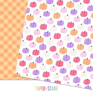 Puede incluir: Un patr&oacute;n sin costuras que presenta una variedad de calabazas coloridas sobre un fondo blanco. Las calabazas son en tonos de rosa, morado, naranja y blanco. El patr&oacute;n es perfecto para manualidades y decoraciones de oto&ntilde;o.