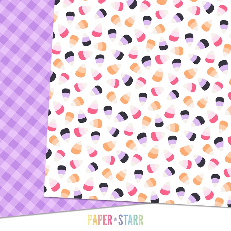 Puede incluir: Un paquete de papel digital con fondo blanco y un patr&oacute;n repetido de ma&iacute;z dulce de colores. El paquete de papel incluye tambi&eacute;n un patr&oacute;n de cuadros vichy morado y blanco.