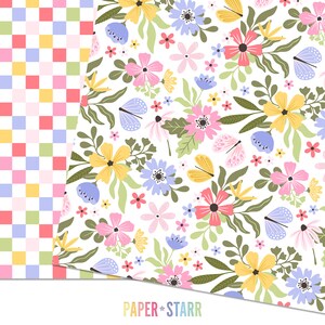 May include: A digital paper pack with two designs. The first design is a checkered pattern in pink, yellow, green, and blue. The second design is a floral pattern with pink, yellow, blue, and green flowers and butterflies on a white background. The text "PAPER * STARR" is at the bottom of the image.