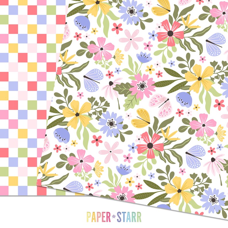 May include: A digital paper pack with two designs. The first design is a checkered pattern in pink, yellow, green, and blue. The second design is a floral pattern with pink, yellow, blue, and green flowers and butterflies on a white background. The text "PAPER * STARR" is at the bottom of the image.