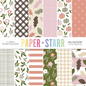 May include: A set of 12 seamless patterned digital papers. The designs feature floral, gingham, leaf, pumpkin, and striped patterns in pink, green, brown, and white. The text "PAPER STARR" is displayed in colourful letters, with the words "FALL BLOSSOM" and dimensions 30.48 x 30.48 cm.