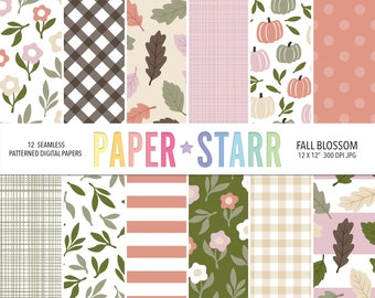 Puede incluir: Una colección de 12 papeles digitales estampados sin costuras. Los diseños incluyen patrones florales, cuadros, hojas, calabazas y rayas en tonos de rosa, verde, marrón y blanco. El texto "PAPER STARR" se muestra en letras coloridas, con "FALL BLOSSOM" y dimensiones 30,48 x 30,48 cm.