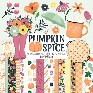May include: A digital clipart set with a pumpkin spice theme. The set includes 16 seamless patterns and 50 clipart images. The clipart includes a pumpkin pie, a mug of coffee, a pumpkin, wellies, an umbrella, and autumn flowers. The patterns include various autumn colours and designs.