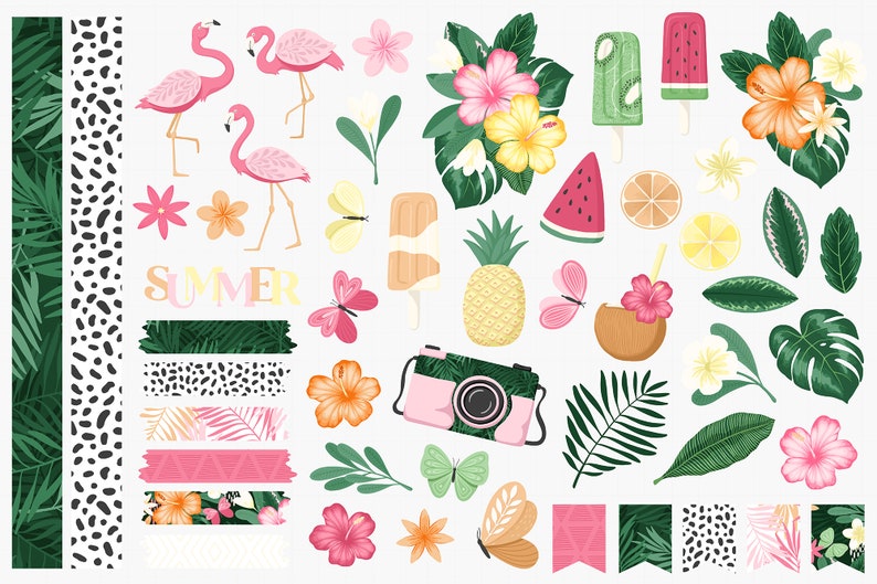 Summer Digital Paper, Tropical Digital Paper, Summer Clipart, Tropical Clipart, Floral Tropical Pattern, Flamingo Clipart, Hibiscus Clipart image 2