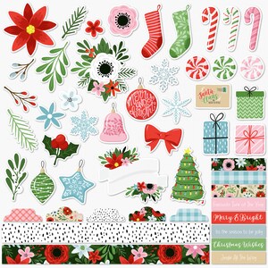 K&ouml;nnte beinhalten: Ein Set mit digitalen Weihnachts-Stickern mit einer Vielzahl von festlichen Elementen, darunter ein Weihnachtsbaum, Weihnachtsbaumschmuck, Geschenke, Schneeflocken, Zuckerstangen, eine Glocke, eine Schleife, Blumen und Gr&uuml;nzeug. Die Sticker enthalten auch Text, der "Merry and Bright", "Santa Claus", "Favourite Time of the Year", "Merry & Bright", "Tis the season to be jolly", "Christmas Wishes" und "Jingle All The Way" lautet.