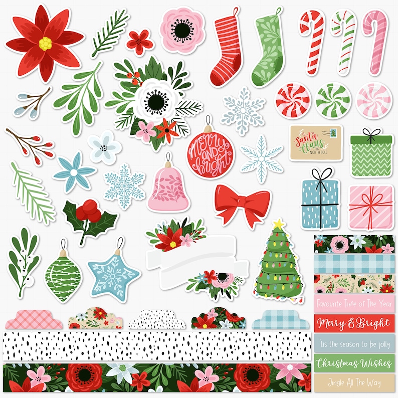 K&ouml;nnte beinhalten: Ein Set mit digitalen Weihnachts-Stickern mit einer Vielzahl von festlichen Elementen, darunter ein Weihnachtsbaum, Weihnachtsbaumschmuck, Geschenke, Schneeflocken, Zuckerstangen, eine Glocke, eine Schleife, Blumen und Gr&uuml;nzeug. Die Sticker enthalten auch Text, der "Merry and Bright", "Santa Claus", "Favourite Time of the Year", "Merry & Bright", "Tis the season to be jolly", "Christmas Wishes" und "Jingle All The Way" lautet.