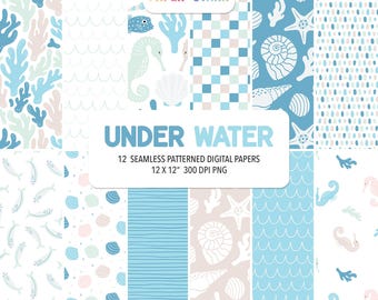 Paquete de papel digital de verano tropical para scrapbooking. Tema submarino con conchas, caballitos de mar y corales en tonos azules oceánicos.