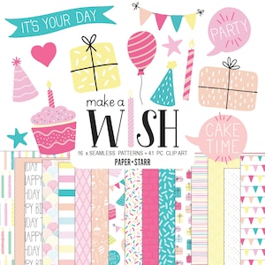 Anniversaire numérique papier et anniversaire Clipart ensemble, graphiques d’Invitation fête, papier de fabrication de cartes d’anniversaire, décor de fête, papier d’emballage d’anniversaire