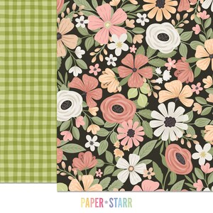 May include: A digital paper with a floral pattern featuring pink, white, and peach flowers on a dark background. The paper has a green gingham border on the left side. The text "PAPER + STARR" is at the bottom of the paper.